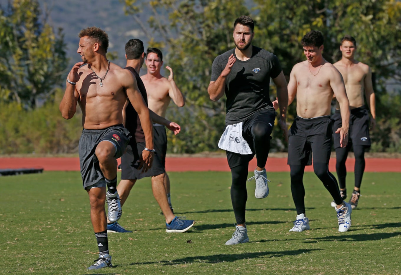 Texas Rangers first baseman Joey Gallo, third from right, works out at Boras Sports Training...