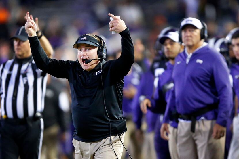 TCU Horned Frogs head coach Gary Patterson reacts to his teams play in the final minute of...
