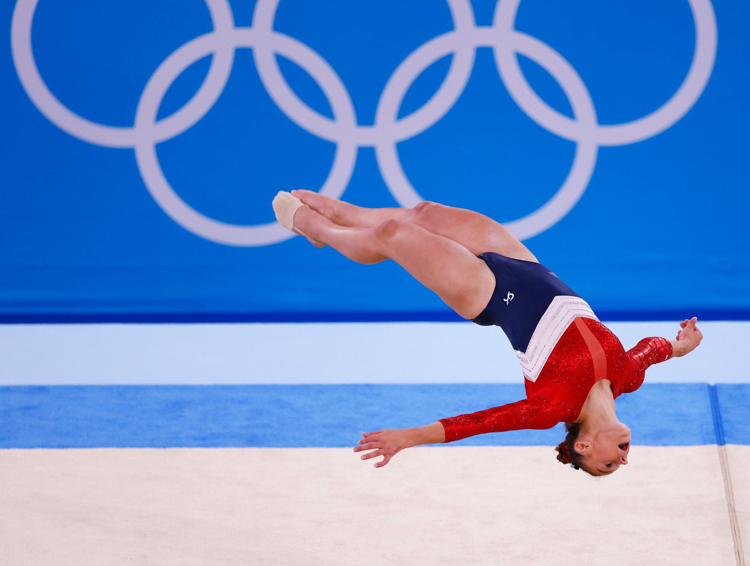 USA’s Grace McCallum competes on the floor during the artistic gymnastics women’s team final...