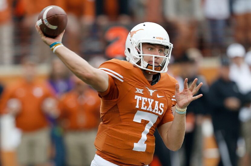 AUSTIN, TX - NOVEMBER 25: Shane Buechele #7 of the Texas Longhorns passes against the TCU...