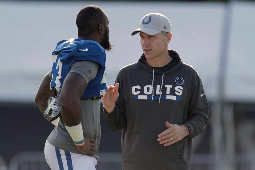 FILE - In this Aug. 6, 2018 file photo, Indianapolis Colts defensive coordinator Matt...