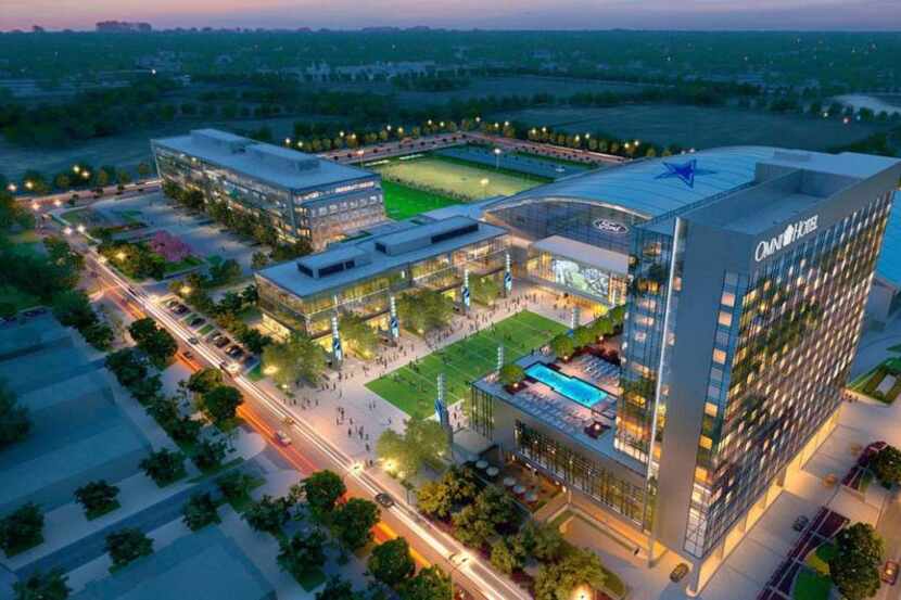 An illustration of The Ford Center at The Star in Frisco shows the Omni Frisco Hotel in the...