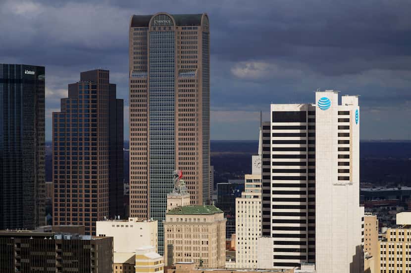 Comerica Bank Tower (left center) and AT&T headquarters building Whitacre Tower (right) as...