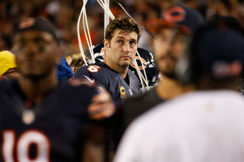Chicago Bears quarterback Jay Cutler (6) stands on the sideline during the first half of an...