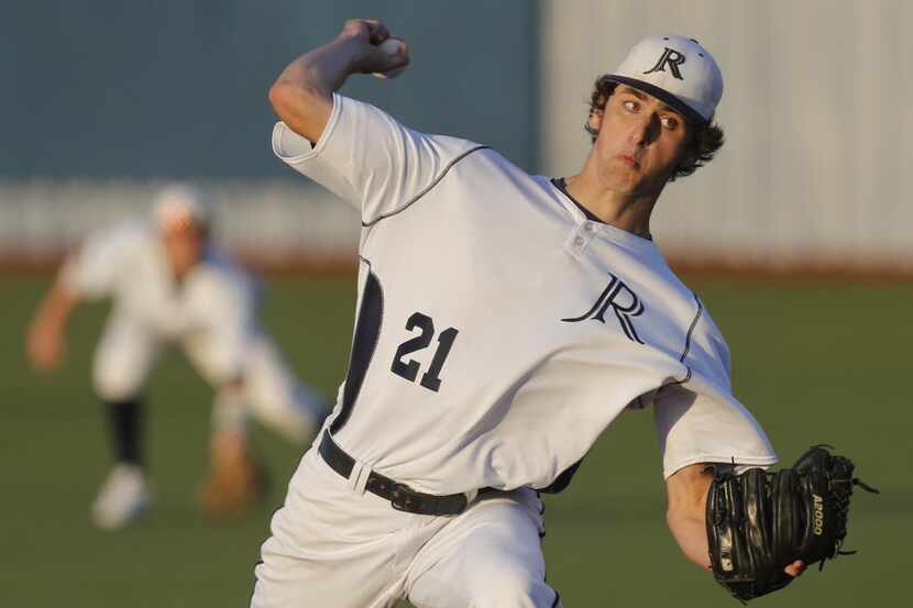 Jesuit starting pitcher Chris Muller throws a first-inning pitch during the Plano East High...