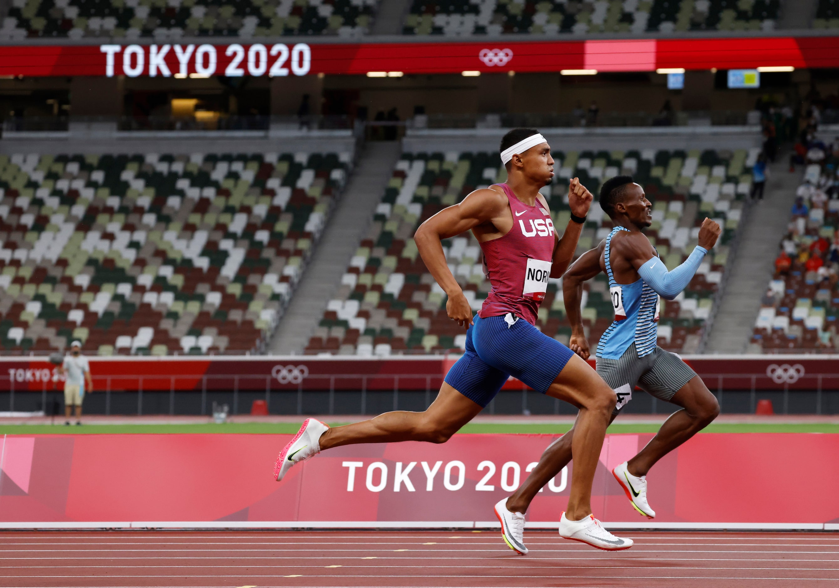 USA’s Michael Norman races to the finish in the men’s 400 meter semifinal during the...