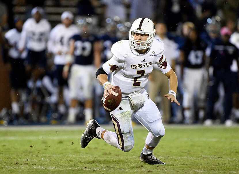 STATESBORO, GA - OCTOBER 29:  Quarterback Tyler Jones #2 of the Texas State Bobcats...