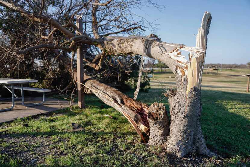 Heavy damage could be seen at a Lake Lewisville marina on March 3, after severe storms the...