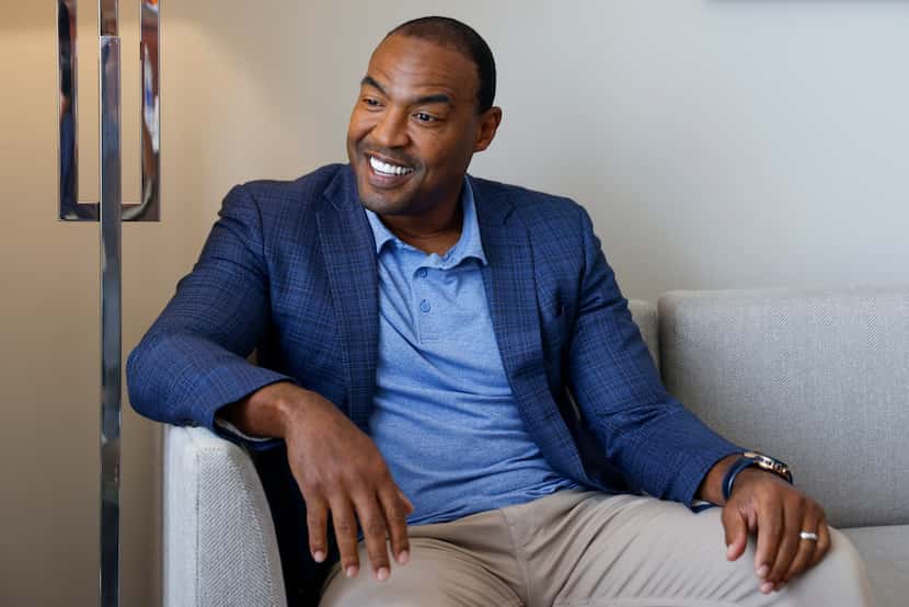 Former Dallas Cowboys player Darren Woodson speaks with The Dallas Morning News at Choctaw...