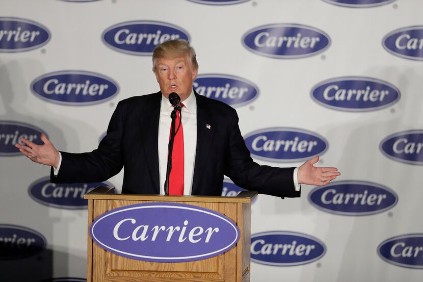 President-elect Donald Trump speaks at Carrier Corp Thursday, Dec. 1, 2016, in Indianapolis.
