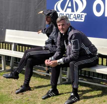 FCD Academy Coaches Luchi Gonzalez (left) and Chris Hayden (right) watch FC Dallas senior...