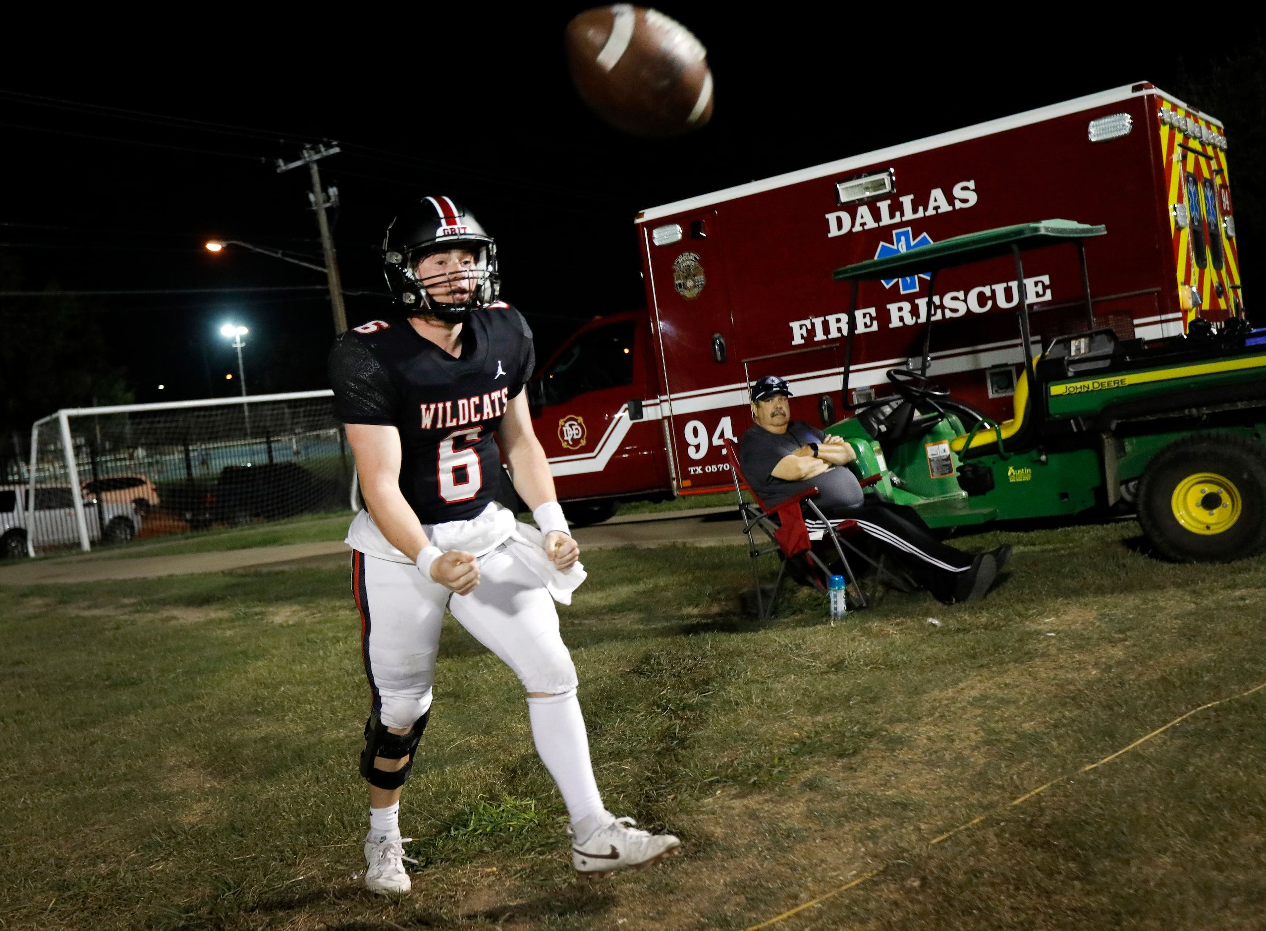 Lake Highlands High quarterback Harrison Day (6) celebrates his rushing touchdown against...