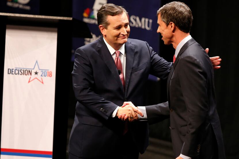 Republican U.S. Sen. Ted Cruz (left) shook hands with Democratic U.S. Rep. Beto O'Rourke in...