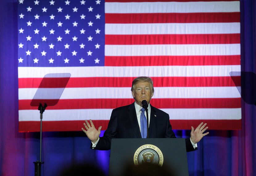 President Donald Trump addresses supporters as he speaks at the Indiana State Fairgrounds &...