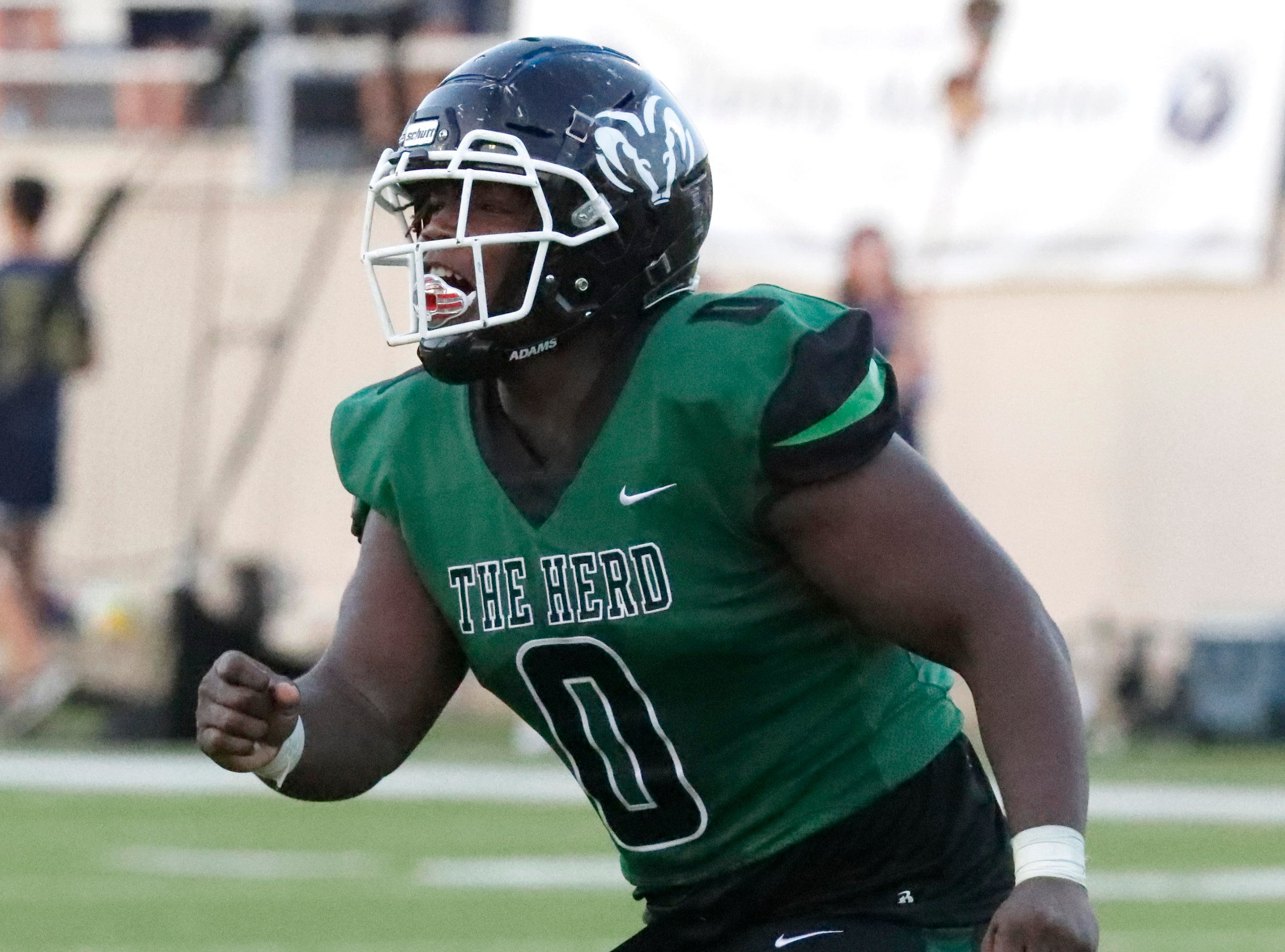 Berkner High School defensive lineman Jaquavious Kennedy (0) celebrates a sack during the...