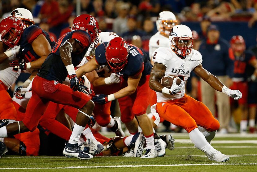 TUCSON, AZ - SEPTEMBER 03: Running back Jarveon Williams #2 of the UTSA Roadrunners rushes...