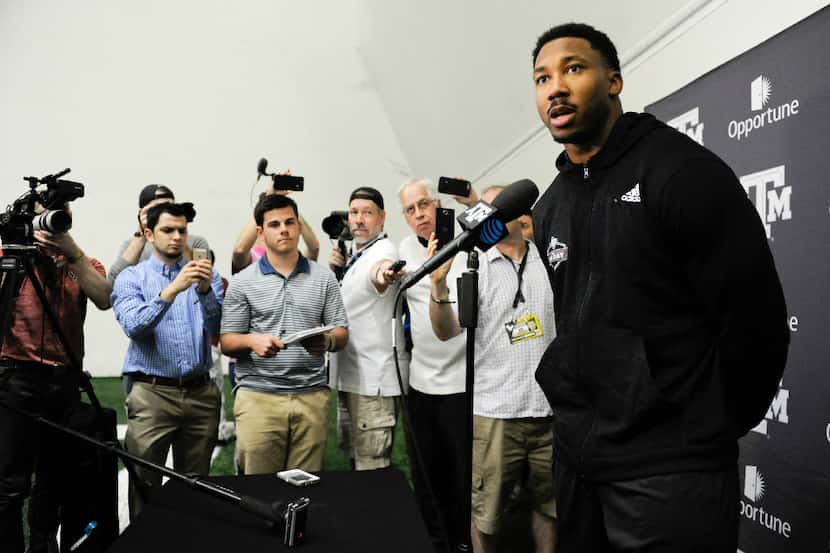 Former Texas A&M defensive end Myles Garrett speaks to the media during Texas A&M Pro Day at...