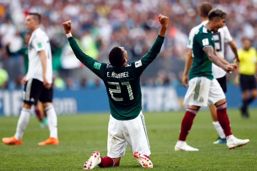 Mexico's Edson Alvarez celebrates after his team won the group F match between Germany and...