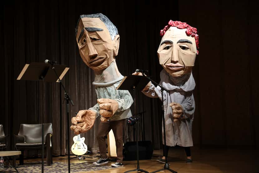 From left, actors Armando Monsivais and Sorany Gutierrez wear handmade puppet costumes...