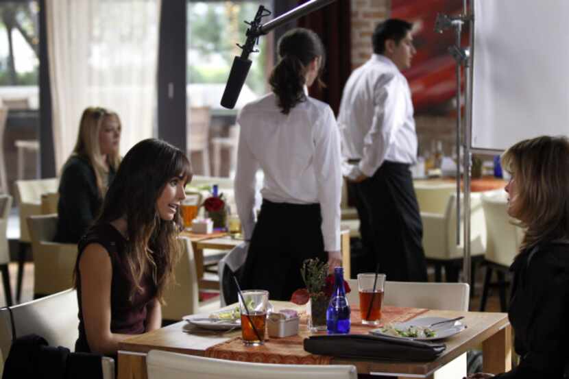  Jordana Brewster and Linda Gray film a scene of the TV show Dallas at Saint Ann Restaurant...