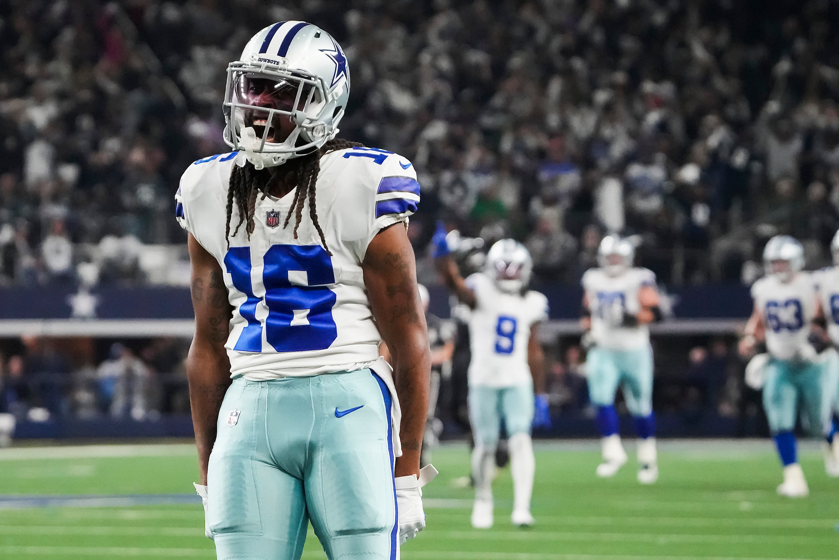 Dallas Cowboys wide receiver T.Y. Hilton (16) celebrates after he hauled in a 52-yard pass...