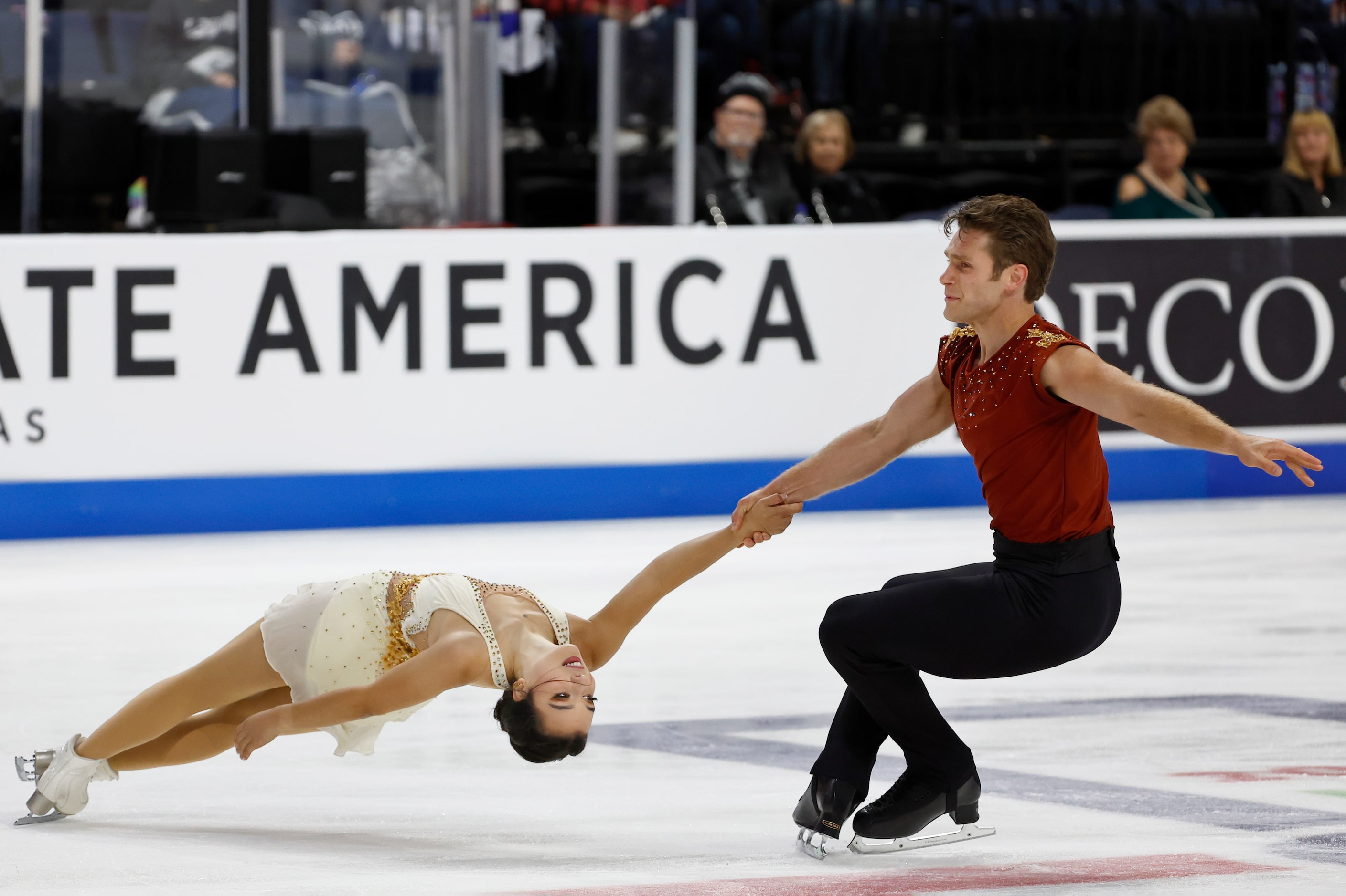 Lia Pereira and Trennt Michaud, of Canada, compete in the pairs free skate program during...