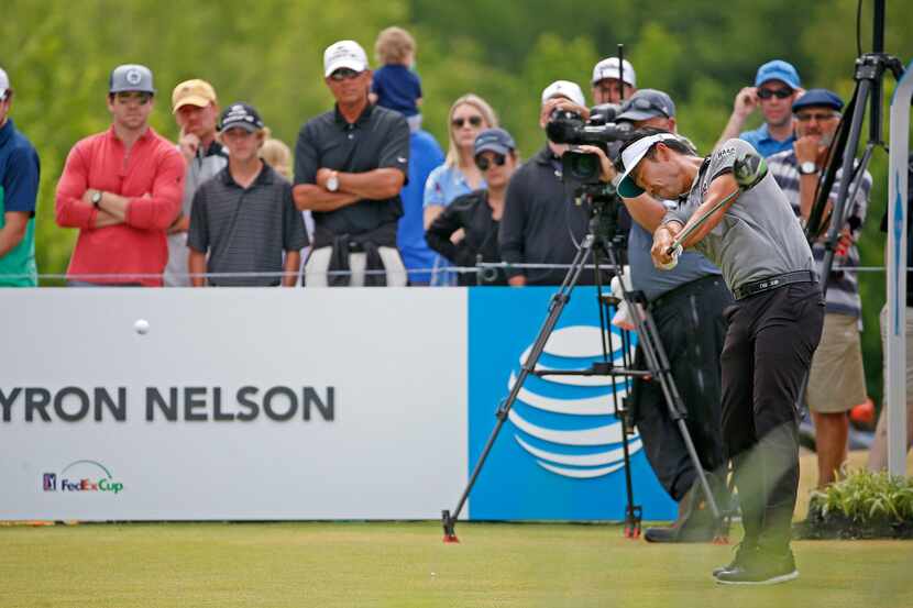 Kevin Na tees off on the first tee box during the final round of AT&T Byron Nelson at...