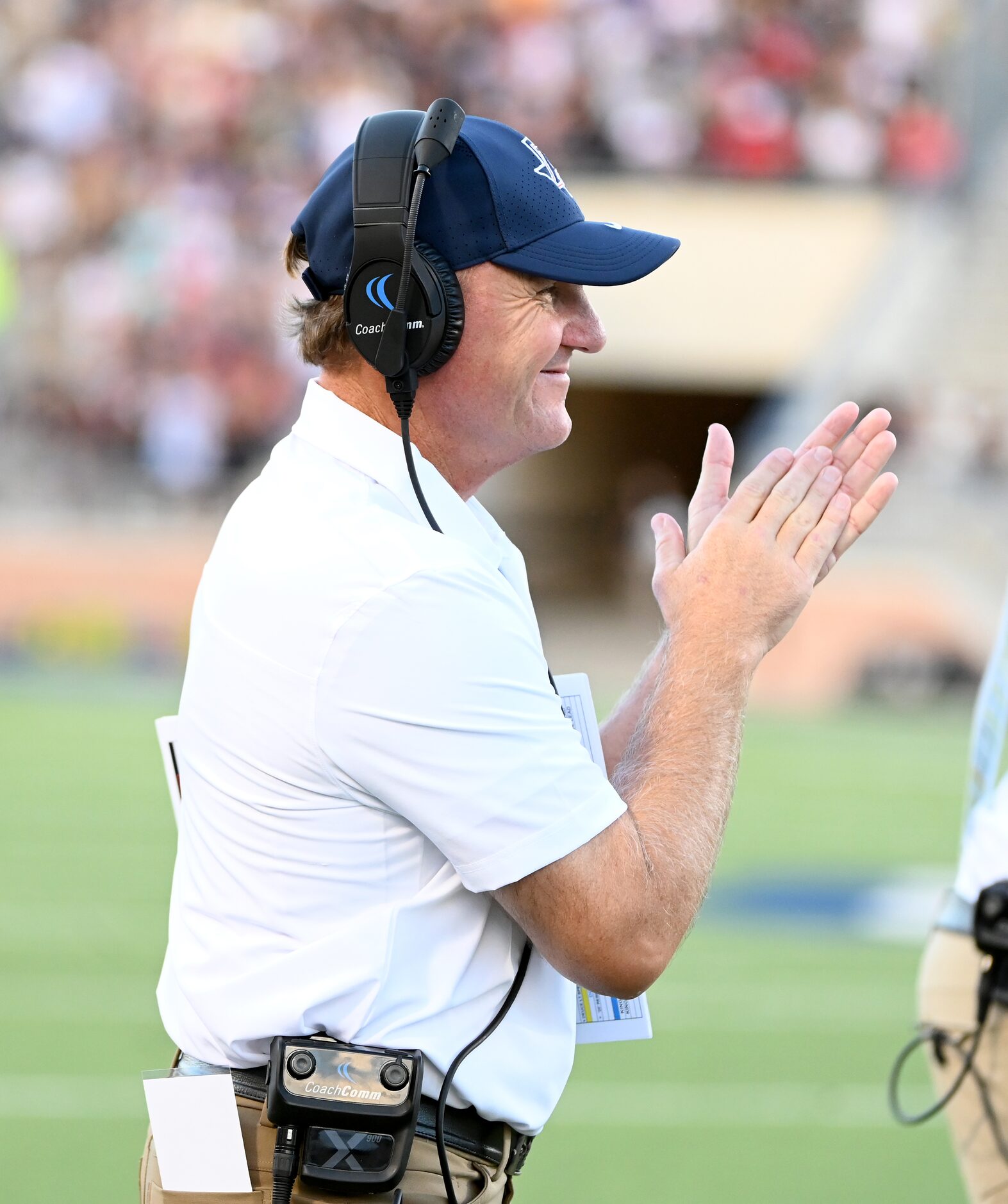 Allen head coach Chad Morris reacts to play in the first half during a high school football...