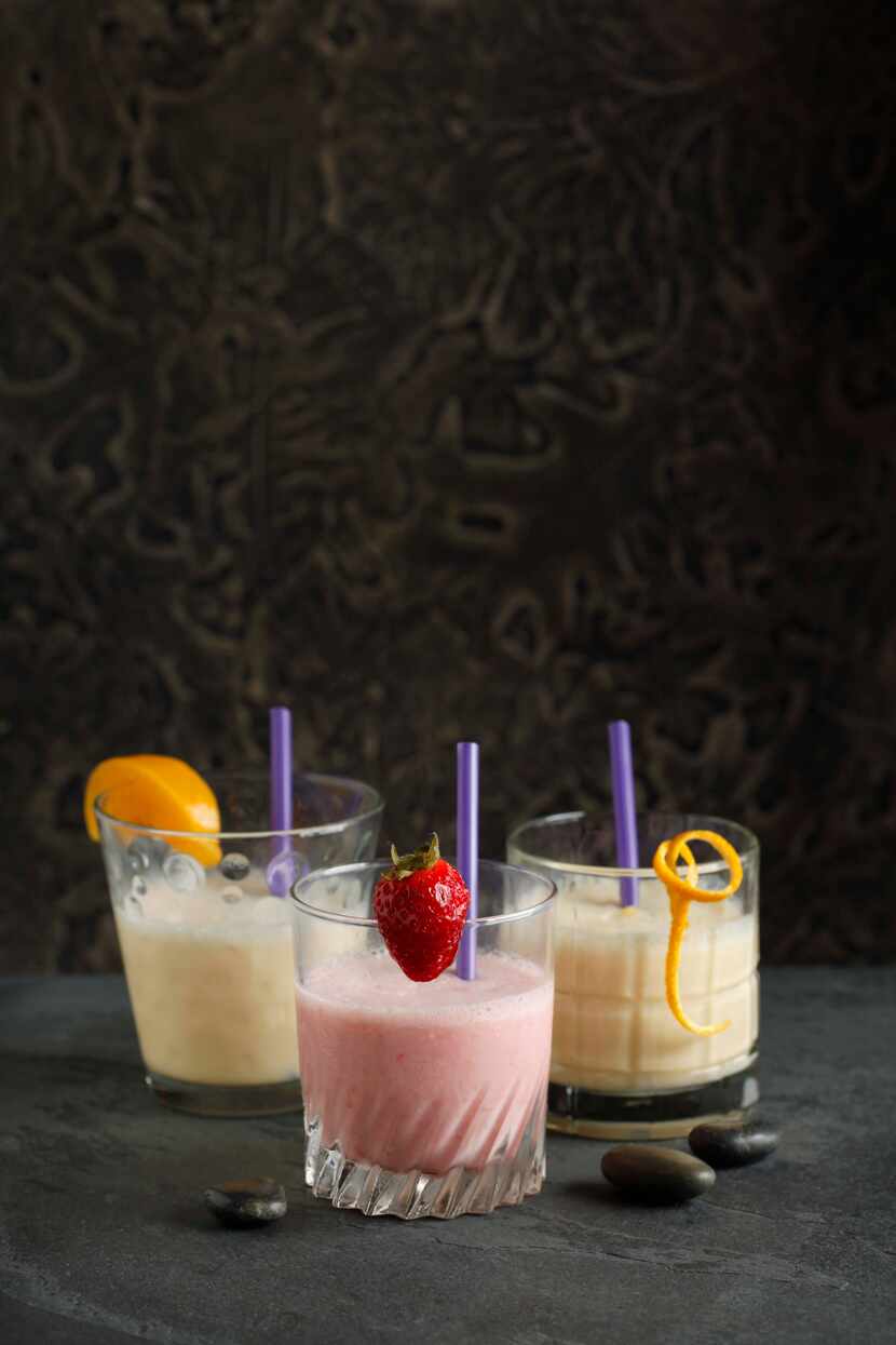 Left to right, Peach Shake, Strawberry-Banana Shake, and Orange Cooler, photographed...