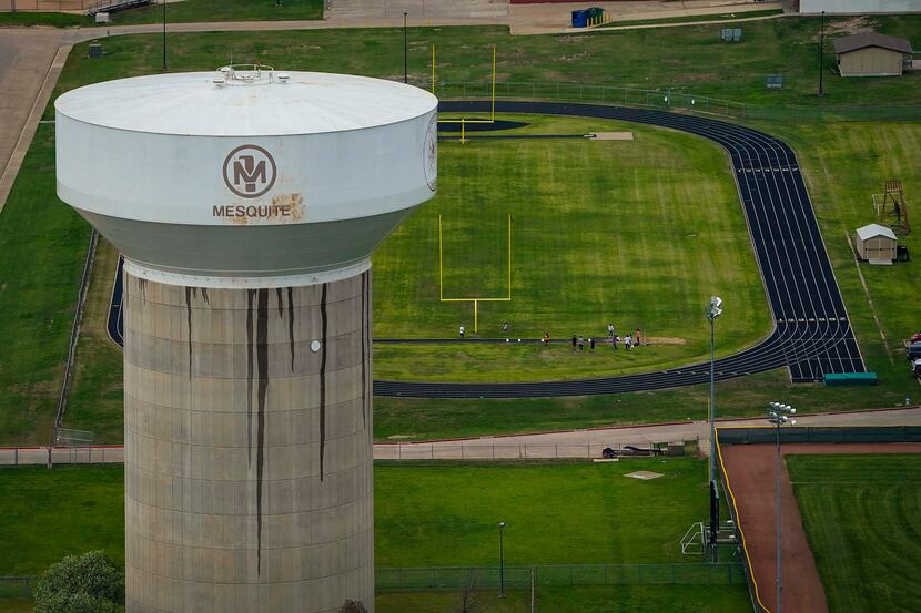 Aerial view of water tower and athletic fields at West Mesquite High School on Thursday,...