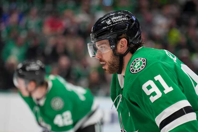 Dallas Stars center Tyler Seguin (91) lines up for a face off during the first period of an...