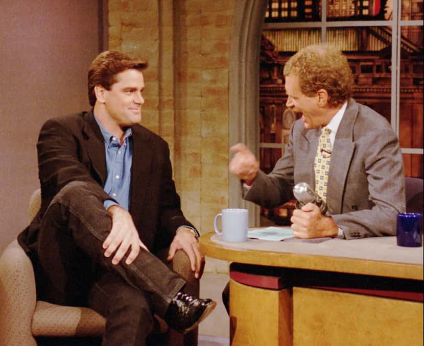 David Letterman, right, gestures as he talks with his  guest, Kenny Rogers, of the Texas...
