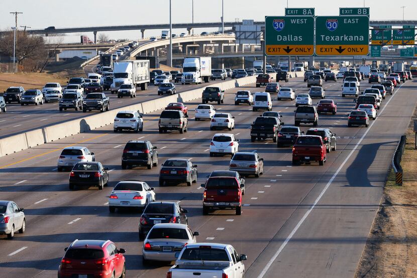 LBJ traffic heading eastbound towards I-30 near the Galloway Avenue intersection in...