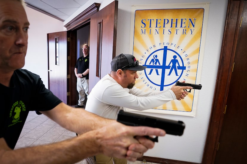 Jason Johnston, from Fellowship of the Parks Church in Grapevine (right), and  Les Davis,...