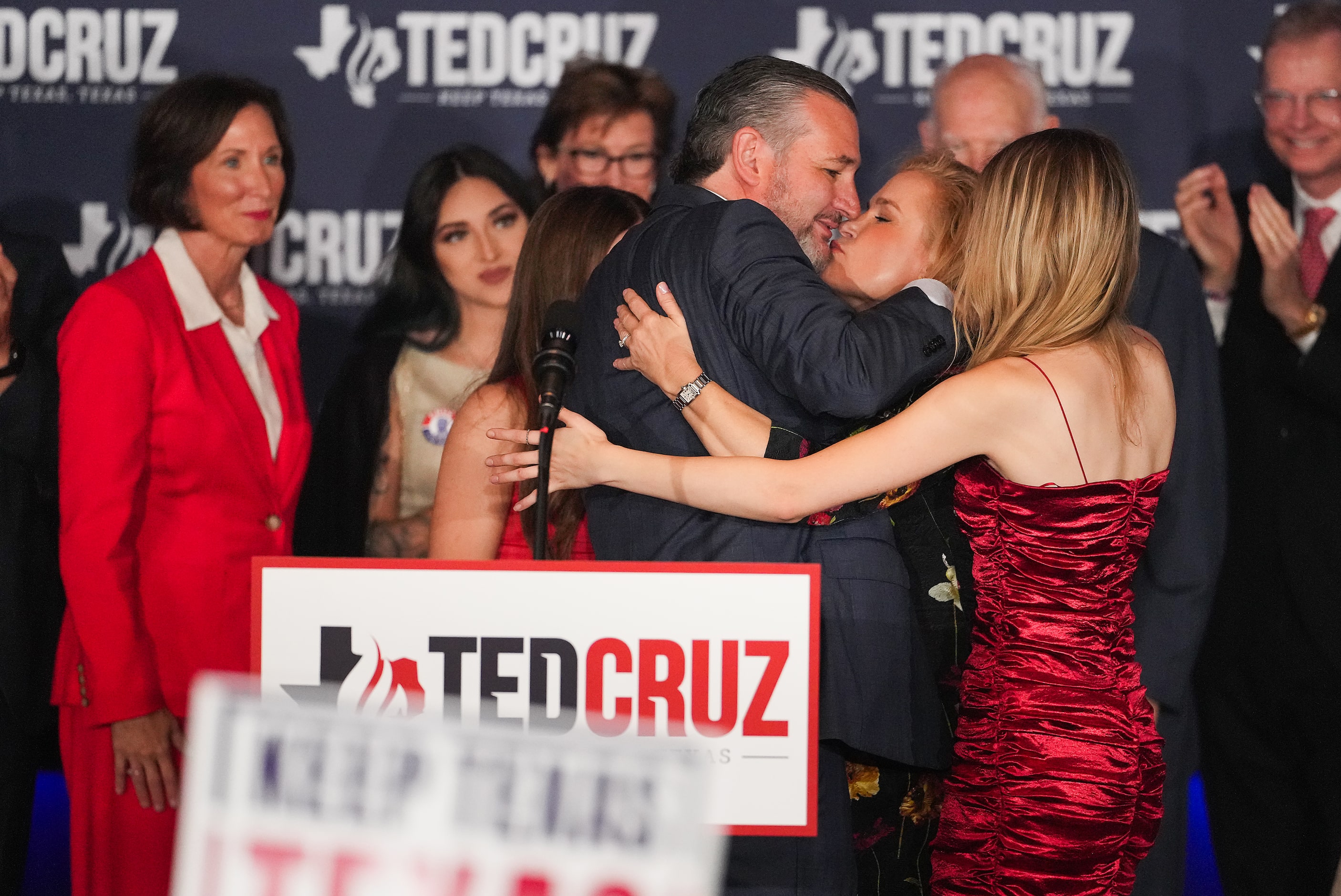 Sen. Ted Cruz, R-Texas, kisses his wife Heidi Cruz during an election night watch party on...