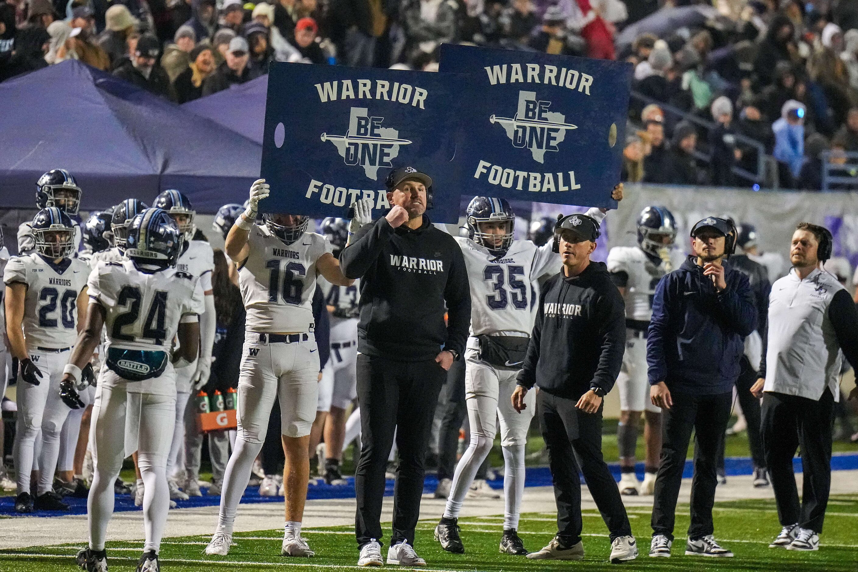 Argyle Liberty Christian head coach Jason Witten signals in a play during the first half of...