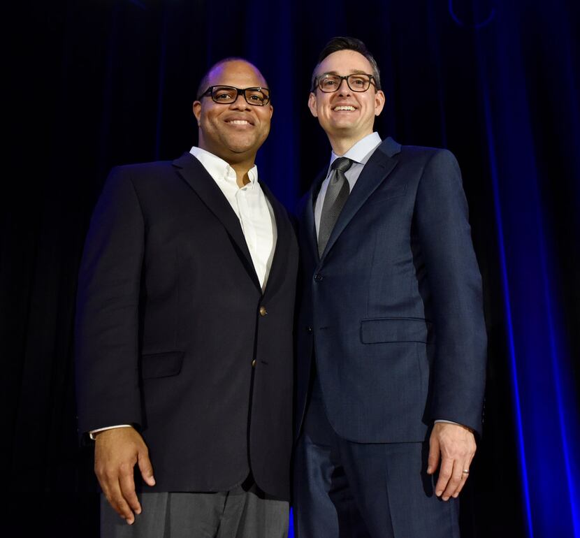 Dallas Mayoral candidates Eric Johnson, left, and Scott Griggs, pose for a photo after...