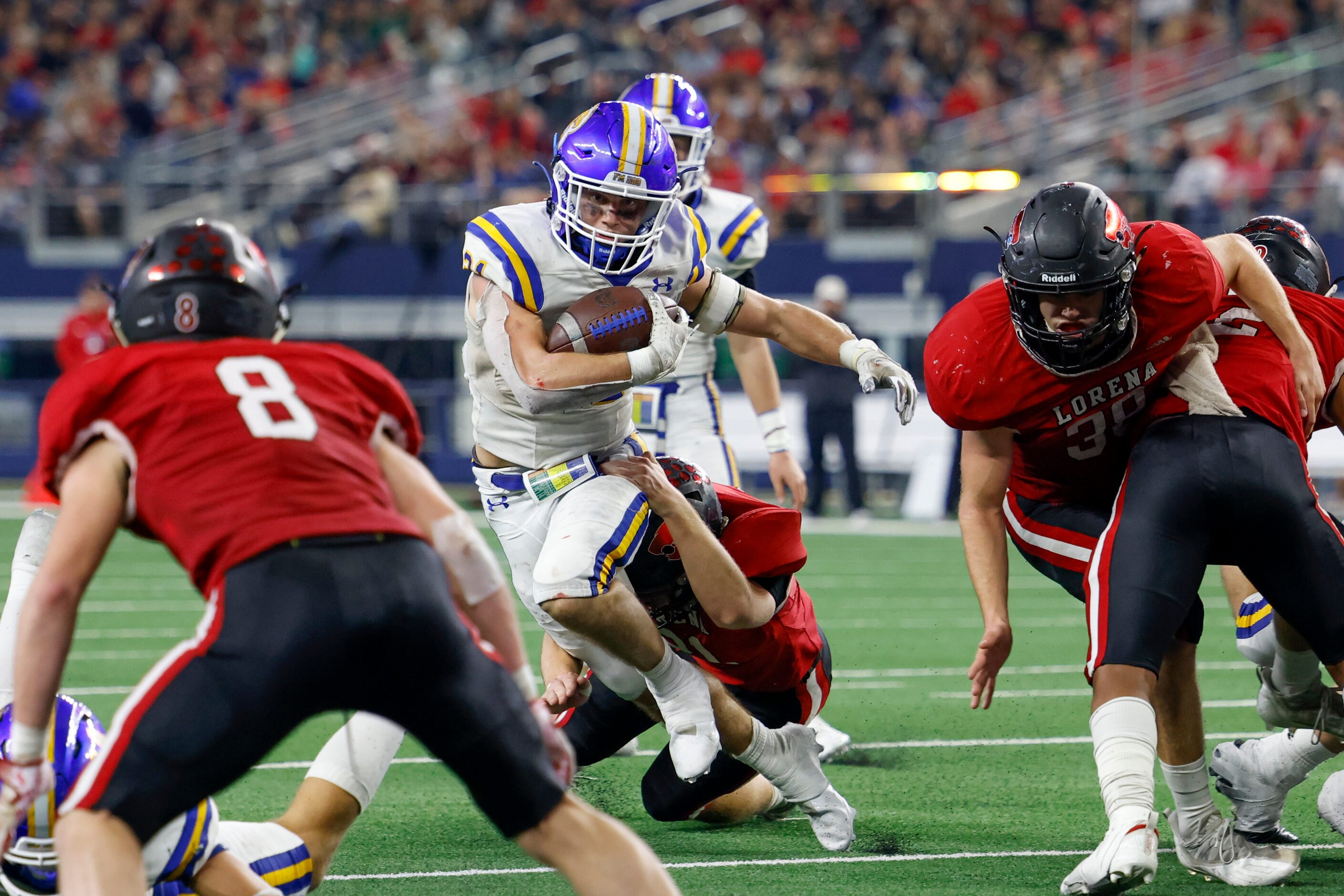 Lorena defensive lineman Cason Pitts (21) runs through the tackle of Lorena defensive...