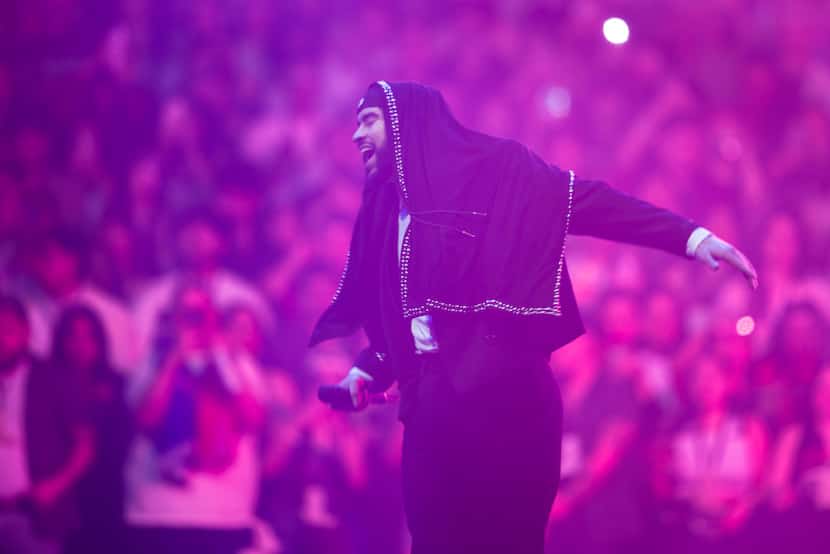 Bad Bunny performs during the ‘Most Wanted’ tour at American Airlines Center on Thursday in...