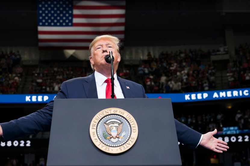 President Donald Trump speaks during a “Keep America Great” campaign rally at the American...