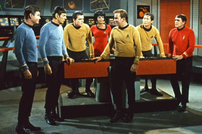 Original Star Trek cast members (from left) DeForest Kelley, Leonard Nimoy, Walter Koenig,...