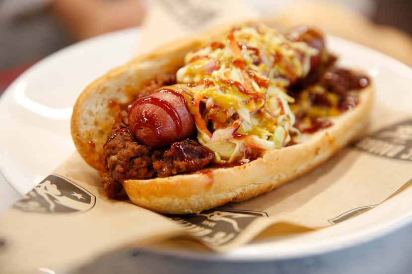 The BBQ Texas Dog, hot dog with brisket, barbecue sauce and beer mustard cole slaw at Toyota...