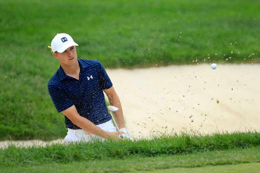 DUBLIN, OHIO - JUNE 02: Jordan Spieth hits his third shot on the first hole during the final...