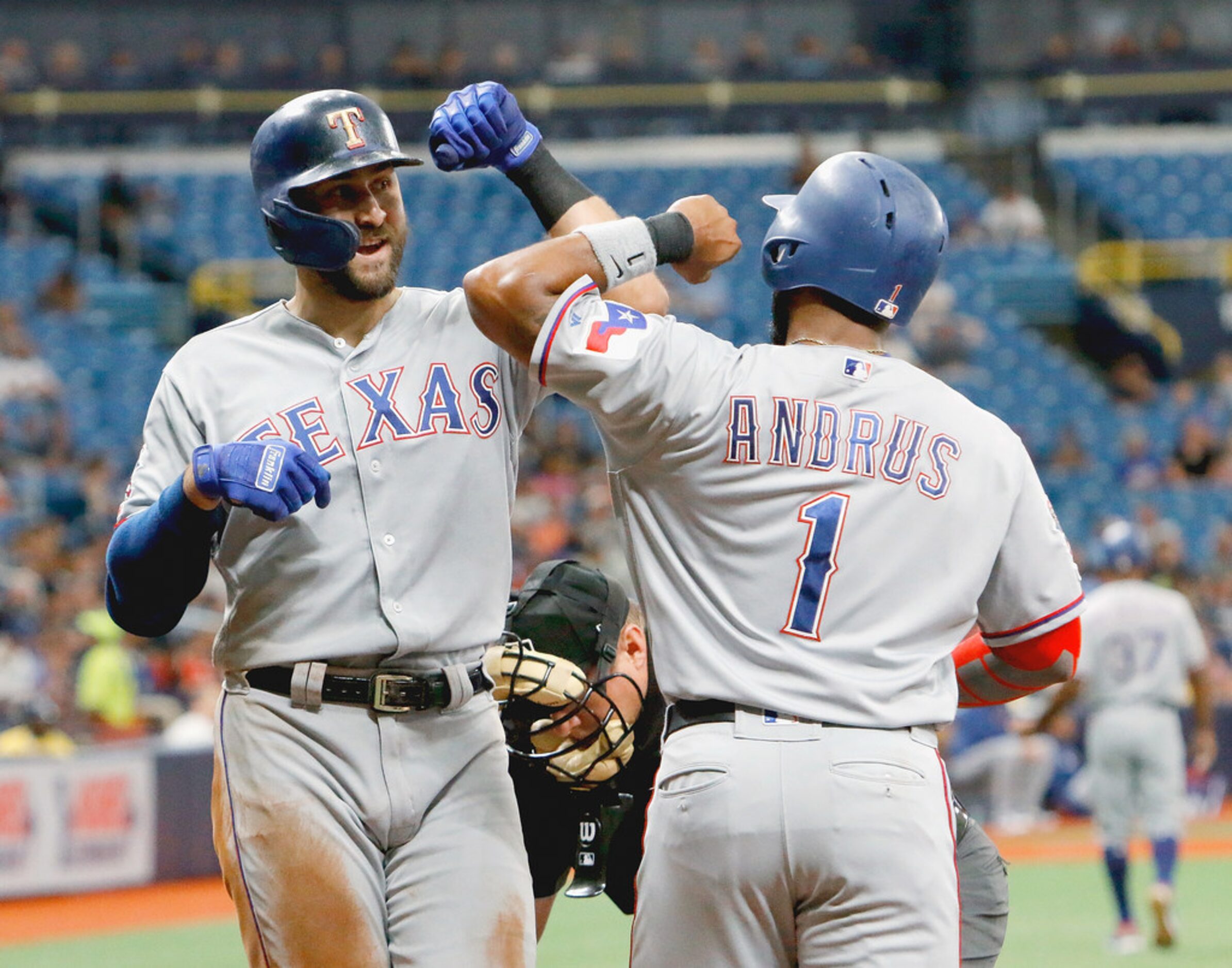 ST. PETERSBURG, FL - JUNE 30:  Joey Gallo #13 of the Texas Rangers celebrates with teammate...