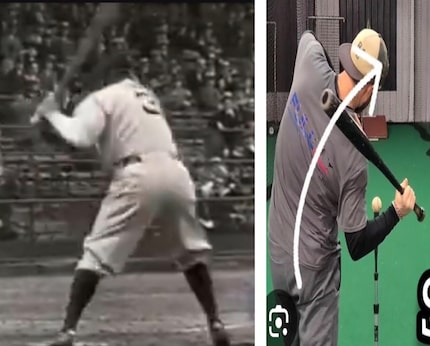 A photo collage with legendary baseball player Babe Ruth at bat on the left, and a man...