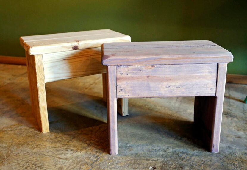 
Small foot stools on display at PalletSmart’s showroom in Fort Worth.
