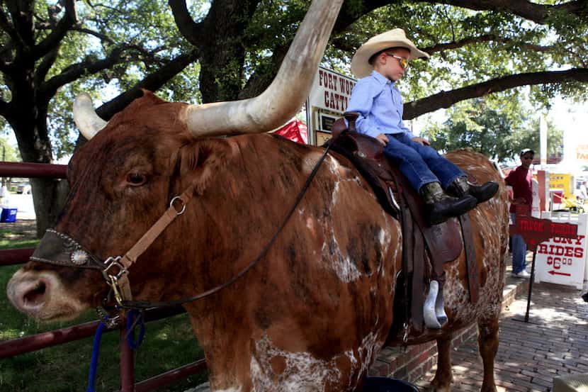 Coltyn Williams, 5, sits on a longhorn during the National Day of the American Cowboy...