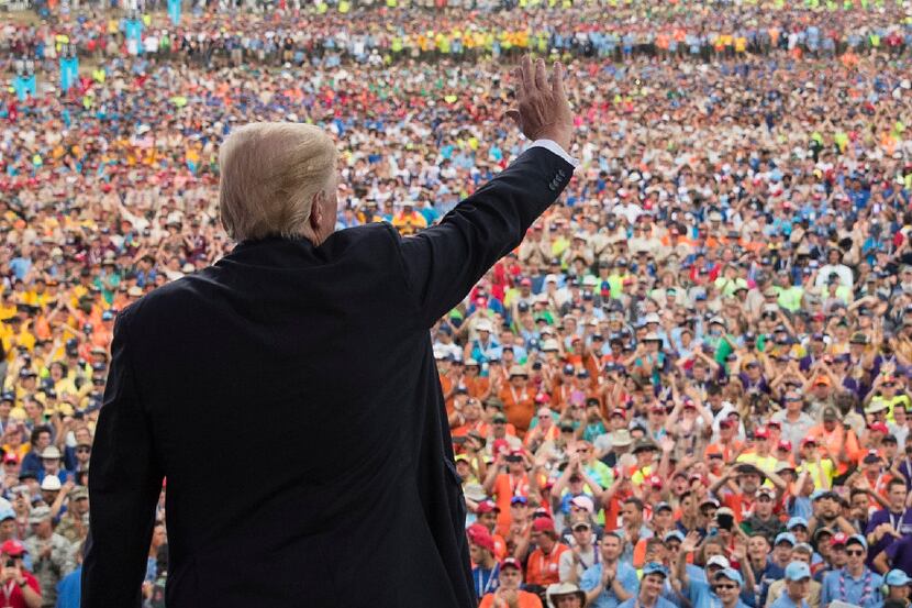 President Donald Trump waves to the crowd after speaking at the 2017 National Scout Jamboree...