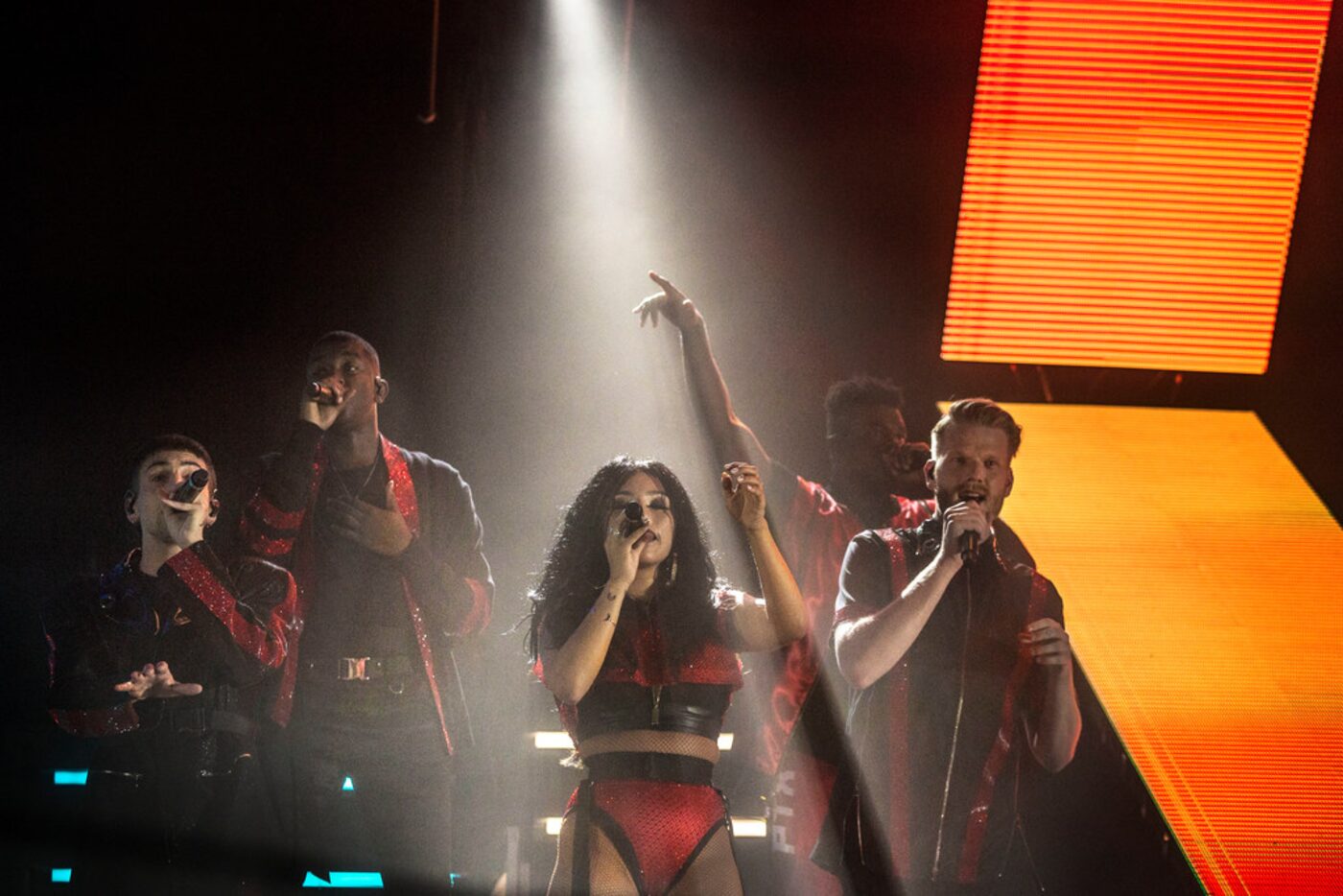 Pentatonix during their concert at Dos Equis Pavilion in Dallas on July 26, 2018. (Carly...