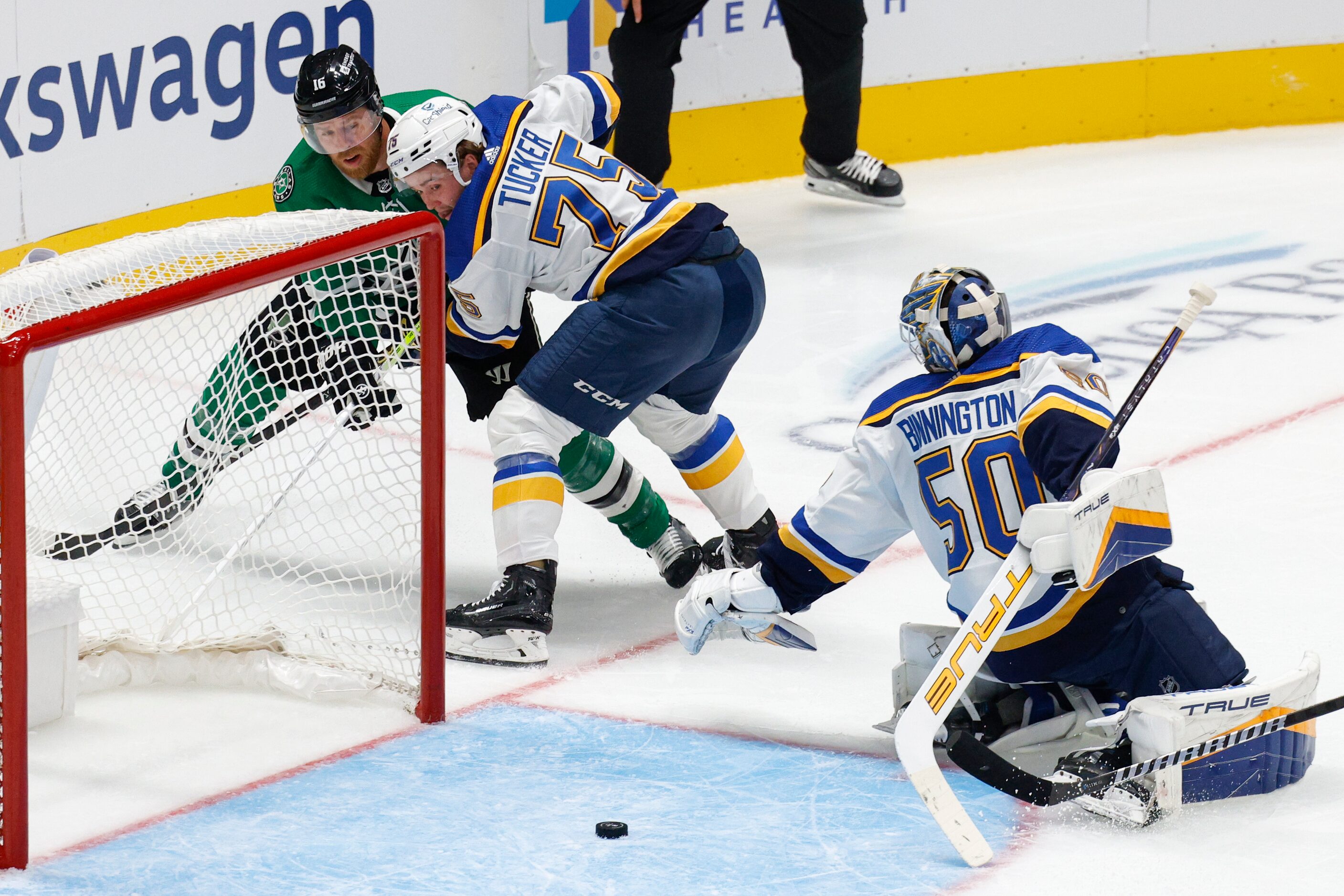 Dallas Stars center Joe Pavelski (16) battles with St. Louis Blues defenseman Tyler Tucker...